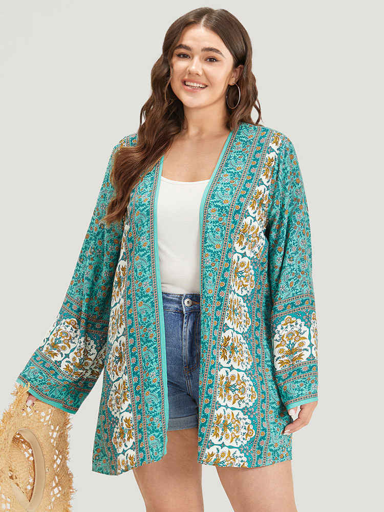 

Plus Size Boho Print Flutter Sleeve Open Front Kimono Women Turquoise Casual Printed Loose Dailywear Kimonos BloomChic