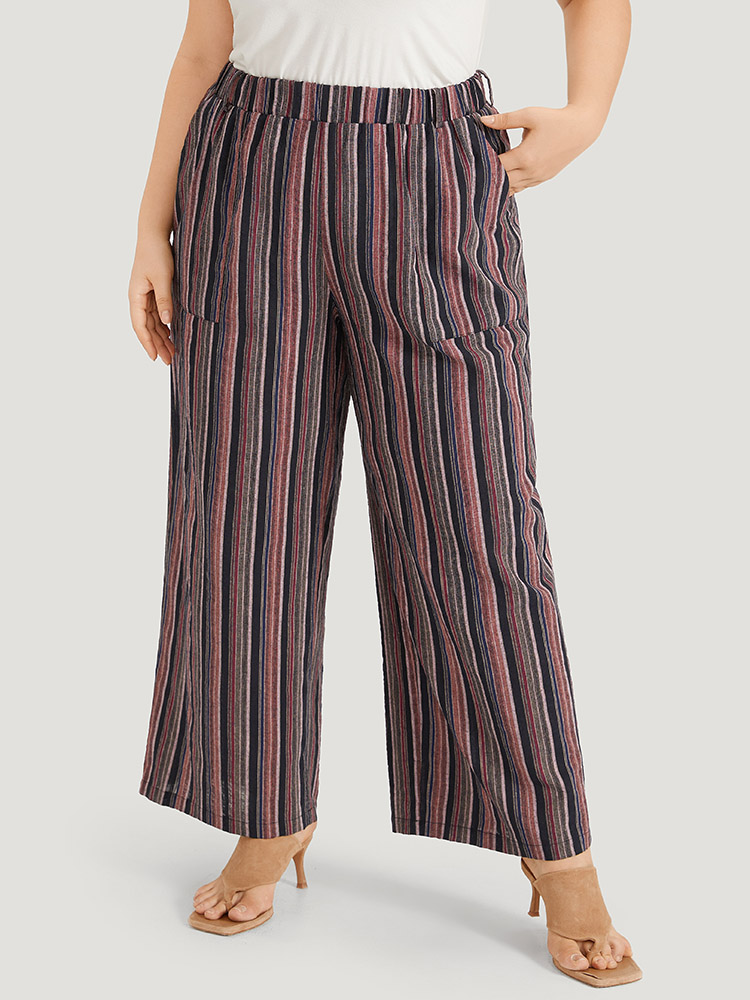 

Plus Size Striped Print Pocket Elastic Waist Pants Women Indigo Resort Straight Leg High Rise Vacation Pants BloomChic