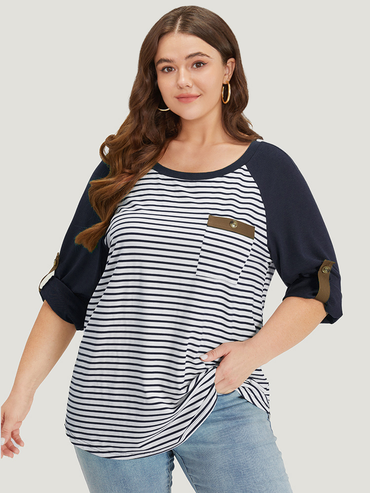 

Plus Size Striped Patchwork Patched Pocket Raglan Sleeve T-shirt DarkBlue Women Casual Contrast Striped Round Neck Dailywear T-shirts BloomChic