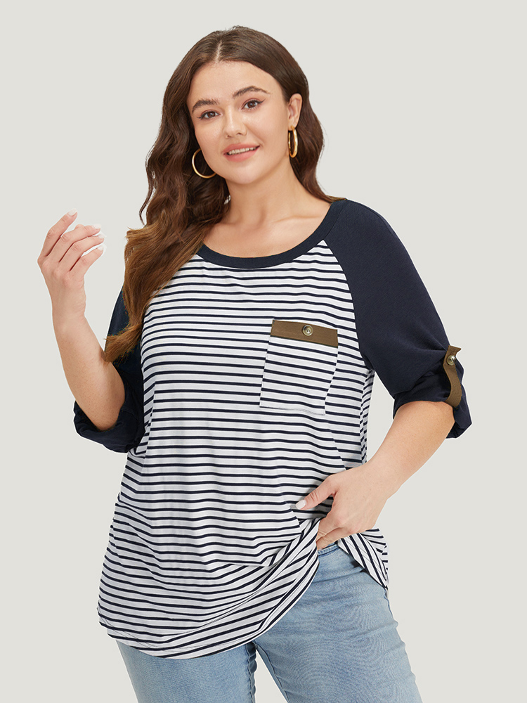 

Plus Size Striped Patchwork Patched Pocket Raglan Sleeve T-shirt DarkBlue Women Casual Contrast Striped Round Neck Dailywear T-shirts BloomChic