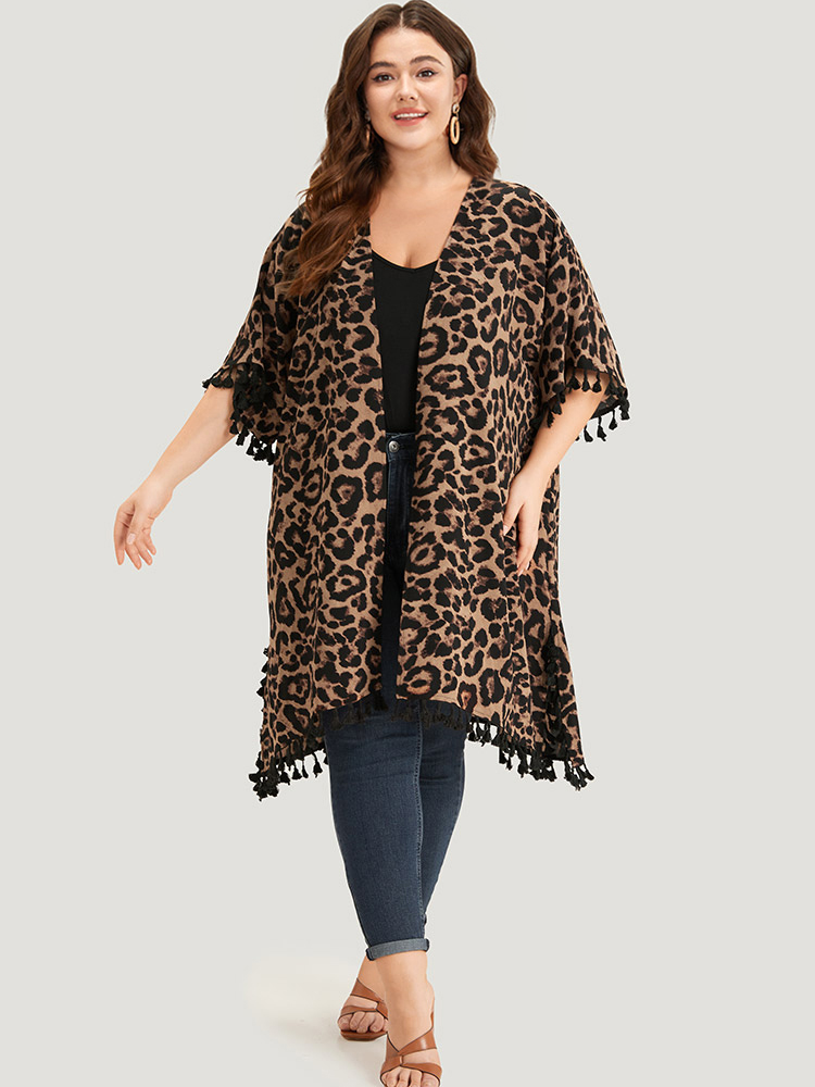 

Plus Size Leopard Print Open Front Tassel Trim Split Hem Kimono Women DarkBrown Vacation Tassels Loose Dailywear Kimonos BloomChic