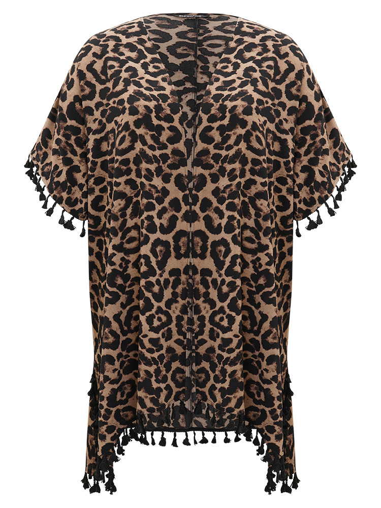 

Plus Size Leopard Print Open Front Tassel Trim Split Hem Kimono Women DarkBrown Vacation Tassels Loose Dailywear Kimonos BloomChic