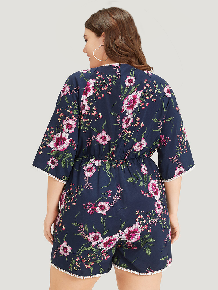 

Plus Size DarkBlue Floral Print Overlap Collar Contrast Trim Pocket Jumpsuit Women Vacation Elbow-length sleeve V-neck Dailywear Loose Jumpsuits BloomChic