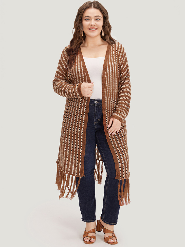 

Plus Size Striped Open Front Tassel Trim Hollow Out Cardigan Maroon Women Casual Loose Long Sleeve Everyday Cardigans BloomChic