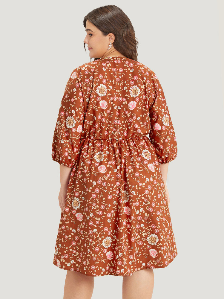 

Plus Size Floral Print Elastic Cuffs Button Detail Dress Rust Women Vacation Elastic cuffs V-neck Half Sleeve Curvy Midi Dress BloomChic