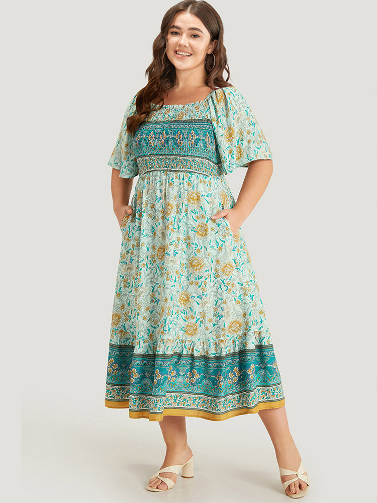 

Plus Size Floral Print Shirred Square Neck Dress Turquoise Women Vacation Gathered Square Neck Short sleeve Curvy Midi Dress BloomChic