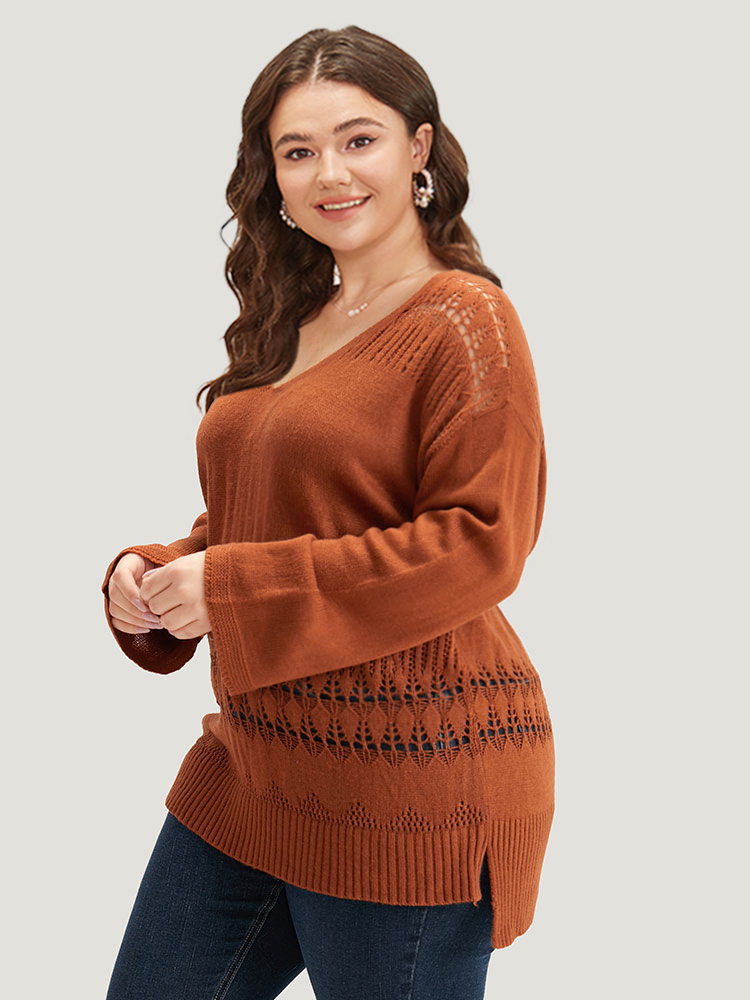 

Plus Size Solid Hollow Out Split V Neck Pullover Chocolate Women Casual Loose Long Sleeve V-neck Everyday Pullovers BloomChic