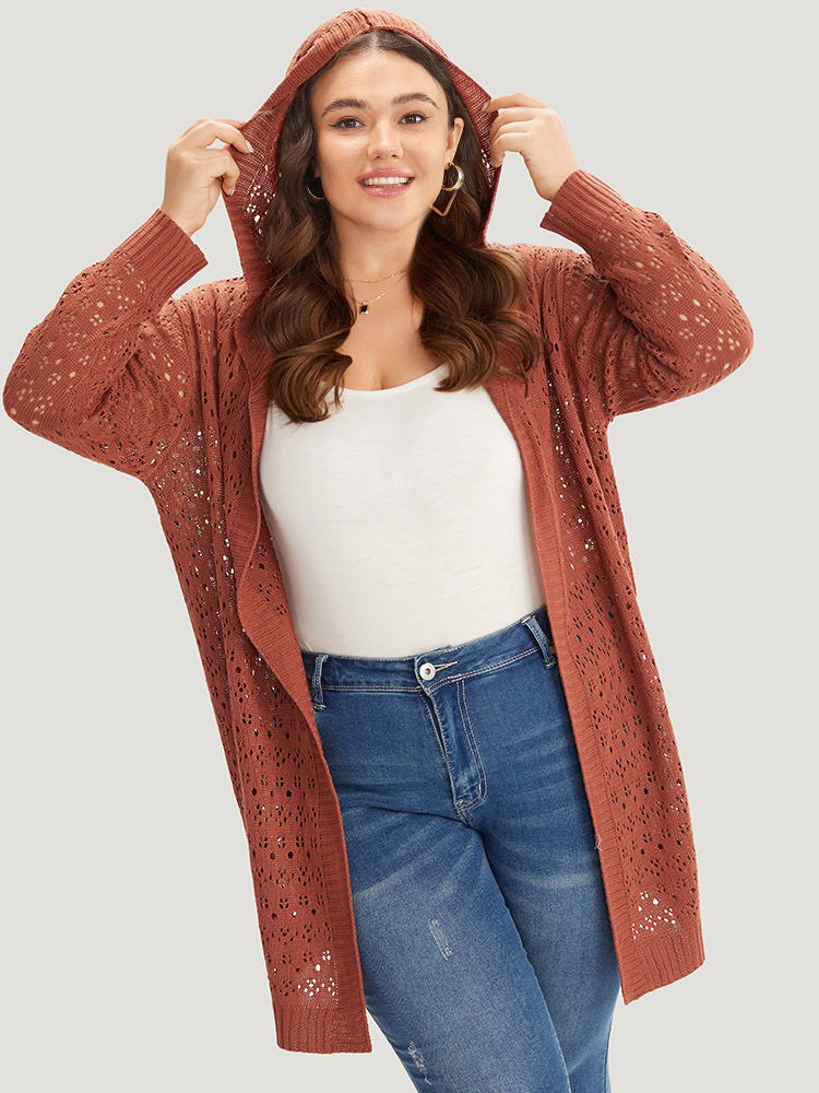 

Plus Size Plain Geometric Eyelet Hooded Tunic Cardigan Rust Women Casual Loose Long Sleeve Everyday Cardigans BloomChic