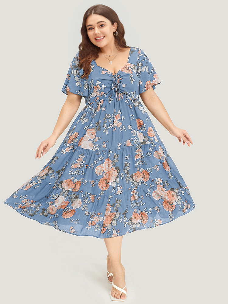 

Plus Size Floral Print Tie Neck Ruffle Hem Pocket Gathered Dress LightBlue Women Elegant Non V-neck Short sleeve Curvy Midi Dress BloomChic