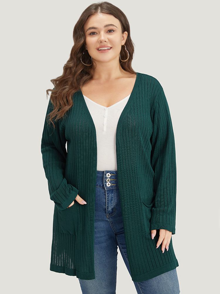 

Plus Size Solid Rib Knit Pocket Lightweight Tunic Cardigan Green Women Basics Loose Long Sleeve Everyday Cardigans BloomChic