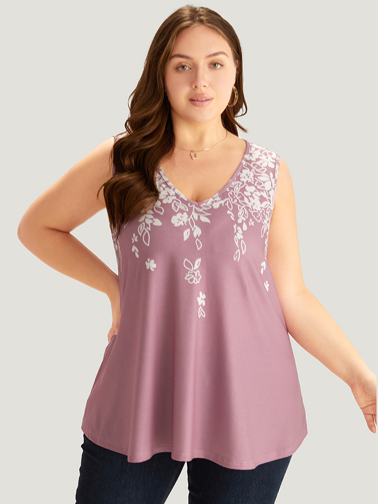 

Plus Size Silhouette Floral Print V Neck Tank Top Women Pink Elegant Printed V-neck Dailywear Tank Tops Camis BloomChic