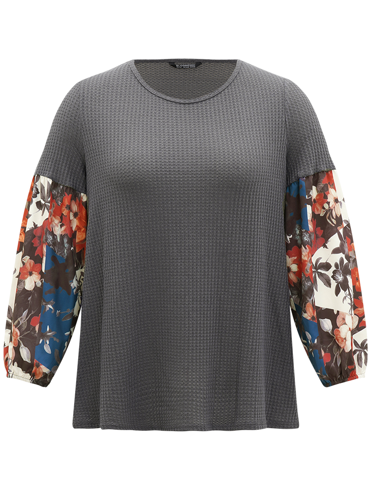 Plus Size Waffle Knit Floral Print Patchwork Elastic Cuffs T-shirt Gray Women Resort Elastic cuffs Bohemian Print Round Neck Vacation T-shirts BloomChic 22-24/3X 