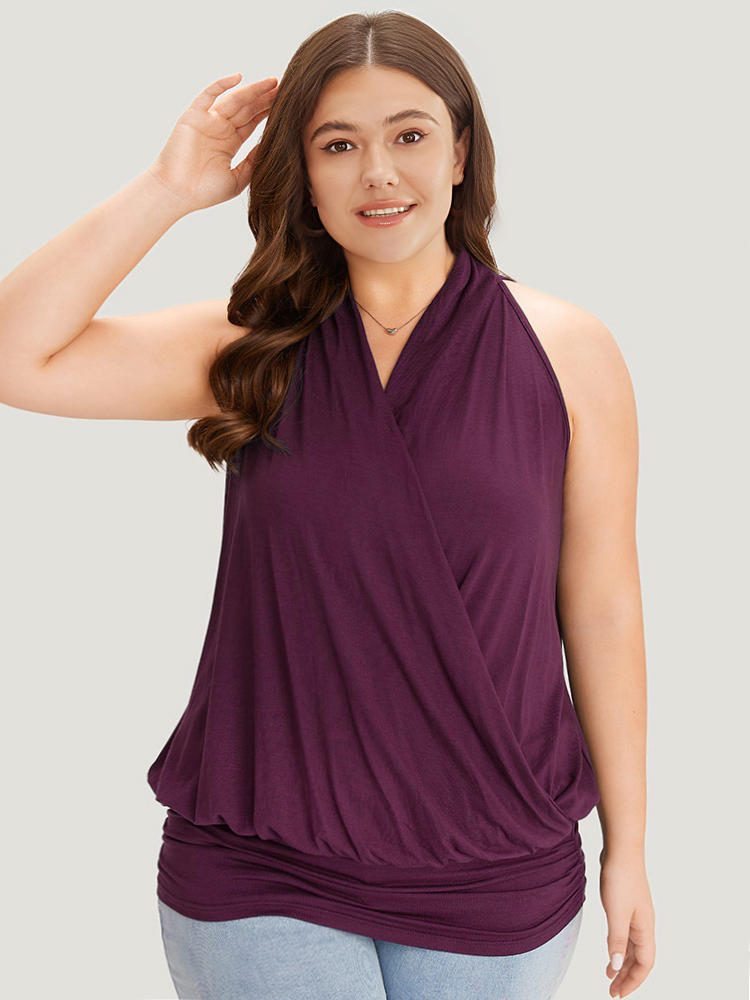 

Plus Size Plain Halter Overlap Collar Cami Top Women Burgundy Elegant Wrap V-neck Dailywear Tank Tops Camis BloomChic