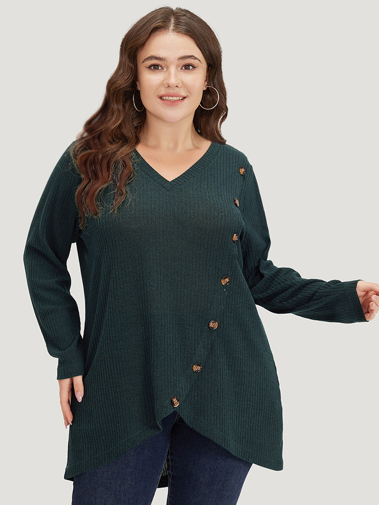 

Plus Size Plain Texture V Neck Button Detail T-shirt Cyan V-neck Long Sleeve Elegant Jersey Tops