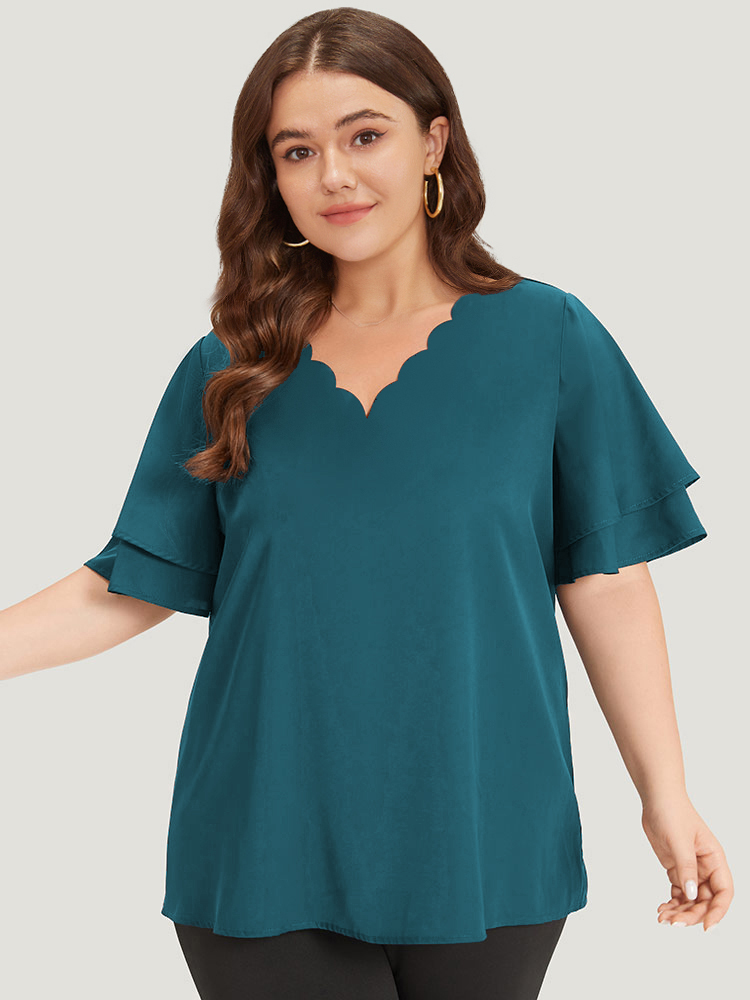 

Plus Size Cyan Plain Curved Trim Flutter Sleeve Layered Blouse Women Office Short sleeve V-neck Work Blouses BloomChic