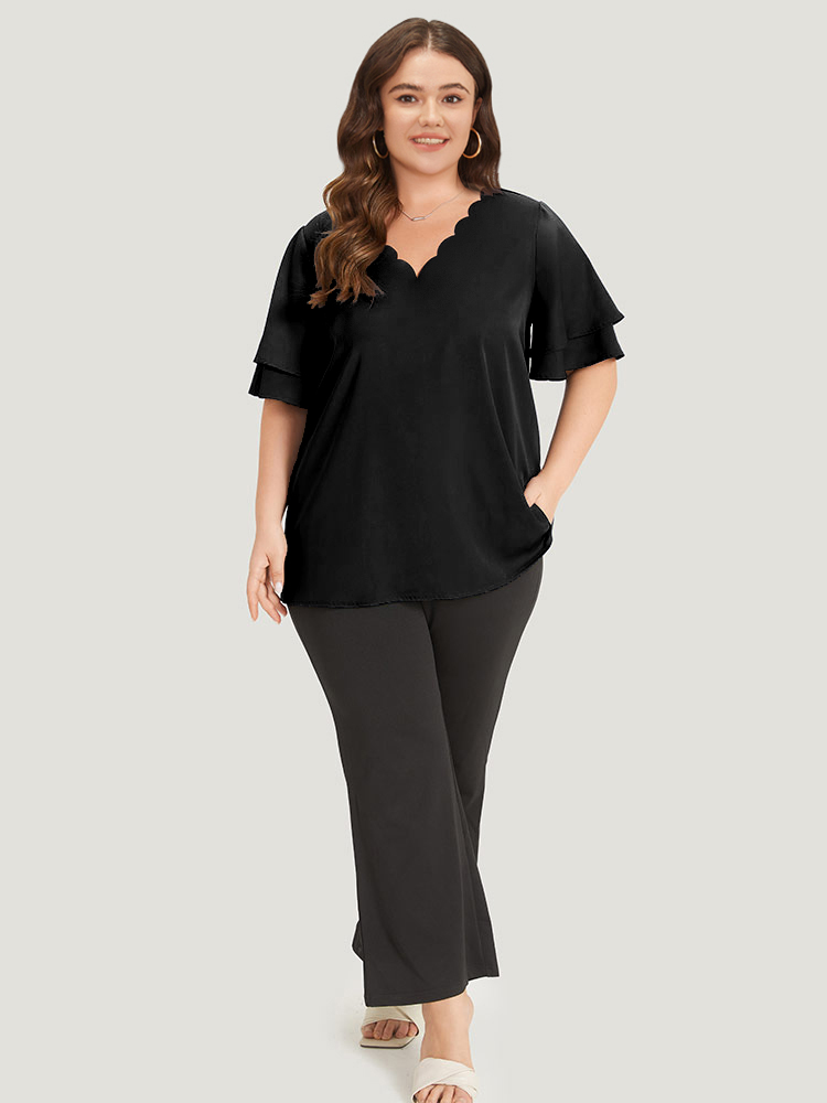 

Plus Size Black Plain Curved Trim Flutter Sleeve Layered Blouse Women Office Short sleeve V-neck Work Blouses BloomChic