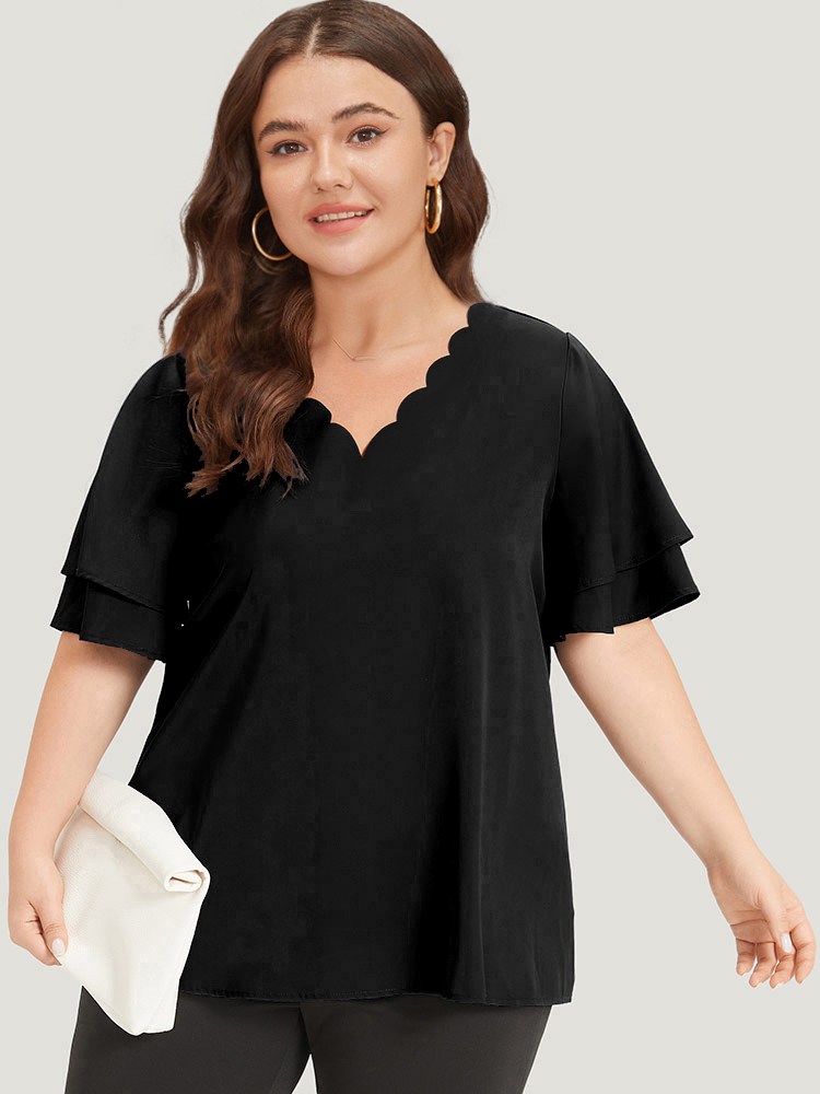 Plus Size Black Plain Curved Trim Flutter Sleeve Layered Blouse Women Office Short sleeve V-neck Work Blouses BloomChic 12/L 