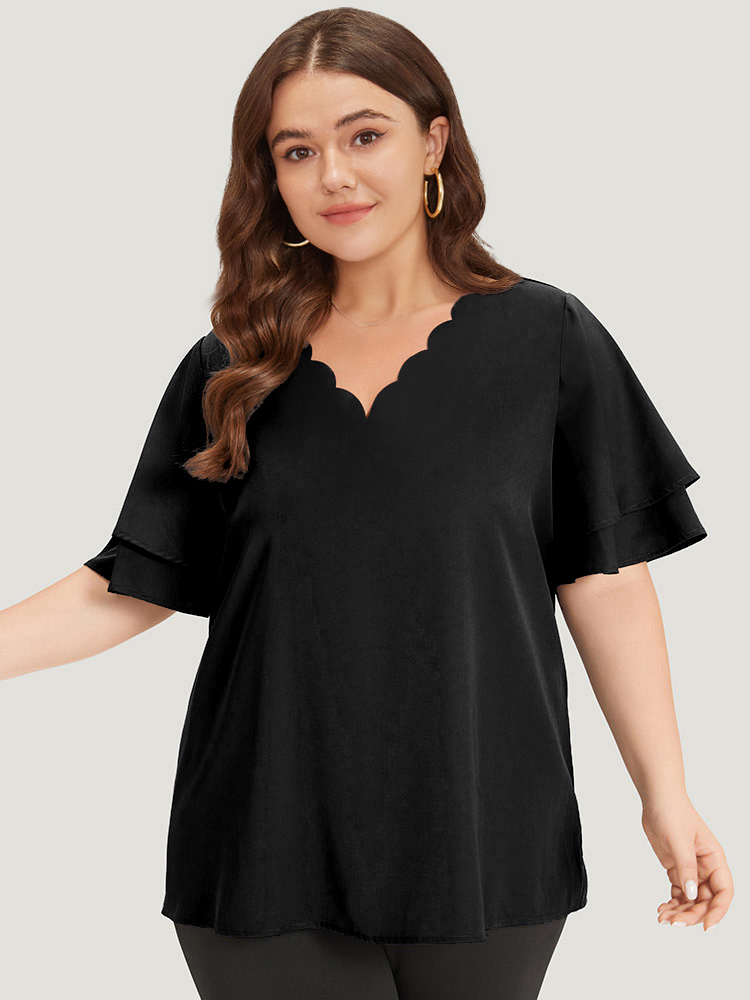 Plus Size Black Plain Curved Trim Flutter Sleeve Layered Blouse Women Office Short sleeve V-neck Work Blouses BloomChic 12/L 