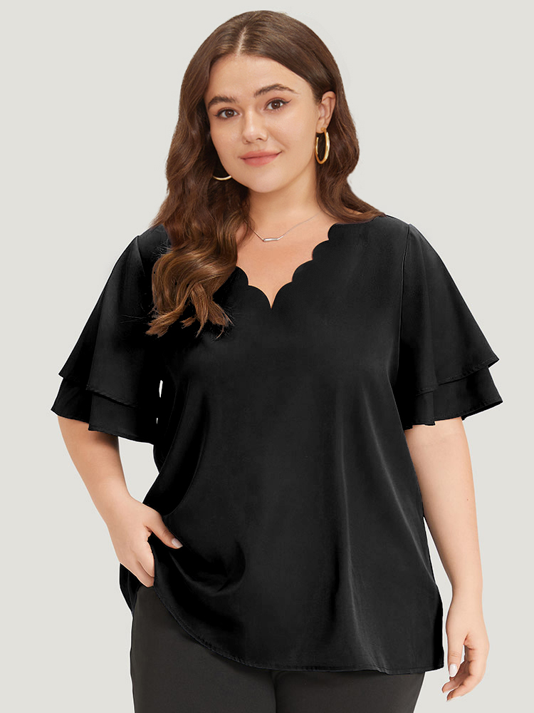 

Plus Size Black Plain Curved Trim Flutter Sleeve Layered Blouse Women Office Short sleeve V-neck Work Blouses BloomChic