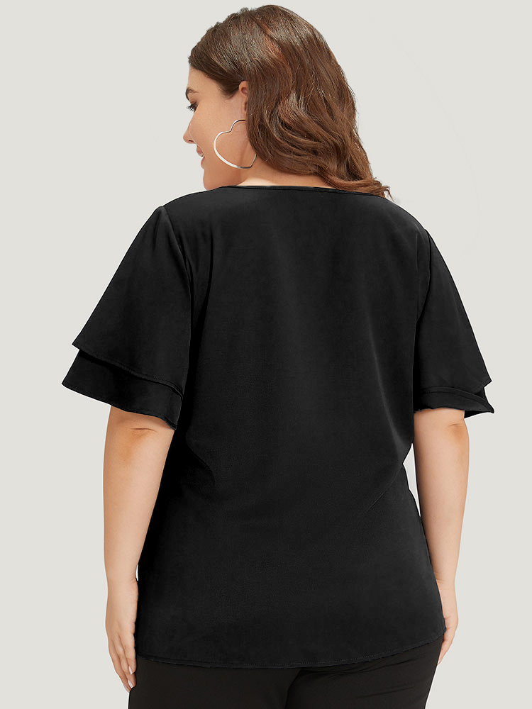Plus Size Black Plain Curved Trim Flutter Sleeve Layered Blouse Women Office Short sleeve V-neck Work Blouses BloomChic 12/L 