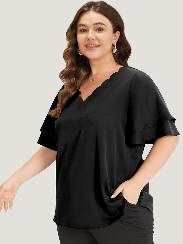 Plus Size Black Plain Curved Trim Flutter Sleeve Layered Blouse Women Office Short sleeve V-neck Work Blouses BloomChic 12/L 