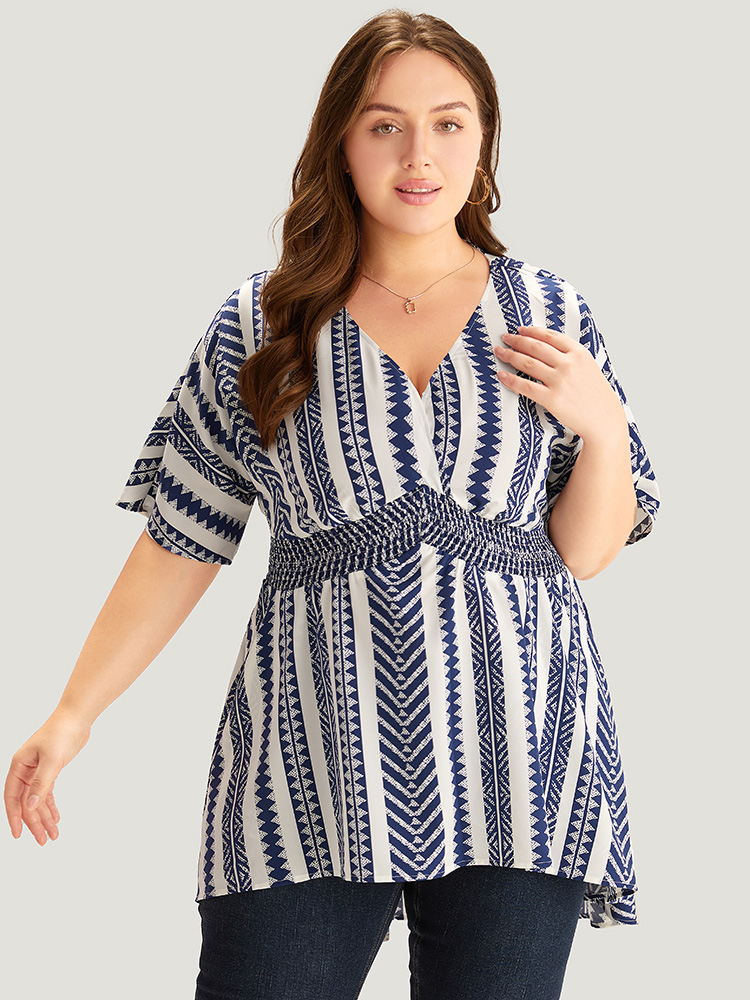 Plus Size Navy Bandana Print High Low Hem Patchwork Blouse Women Elegant Short sleeve Deep V-neck Vacation Blouses BloomChic 28/5X 