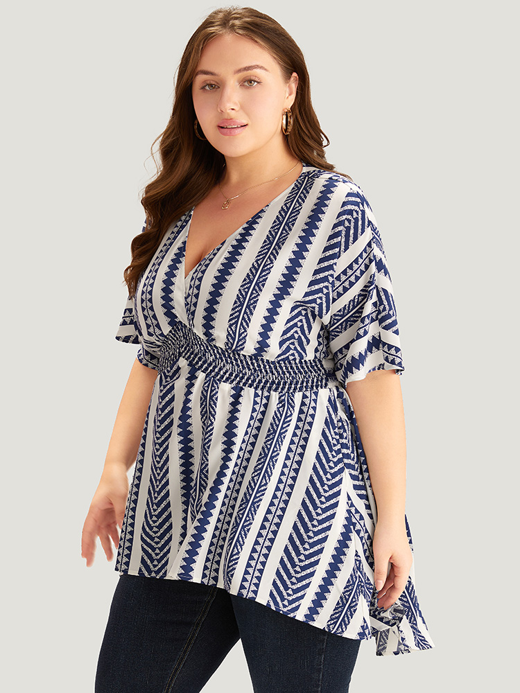 Plus Size Navy Bandana Print High Low Hem Patchwork Blouse Women Elegant Short sleeve Deep V-neck Vacation Blouses BloomChic 28/5X 
