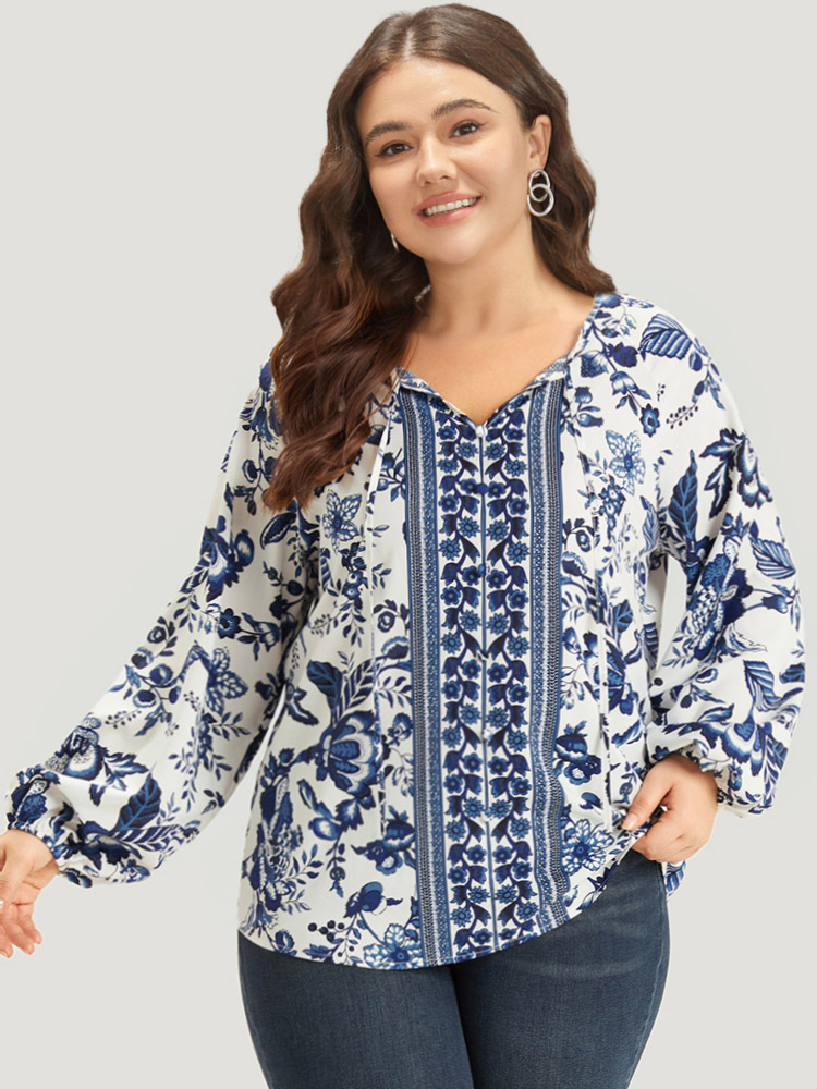 Plus Size Women Dailywear Bohemian Print Elastic cuffs Lantern Sleeve Long Sleeve Tie Neck Vacation Blouses BloomChic 