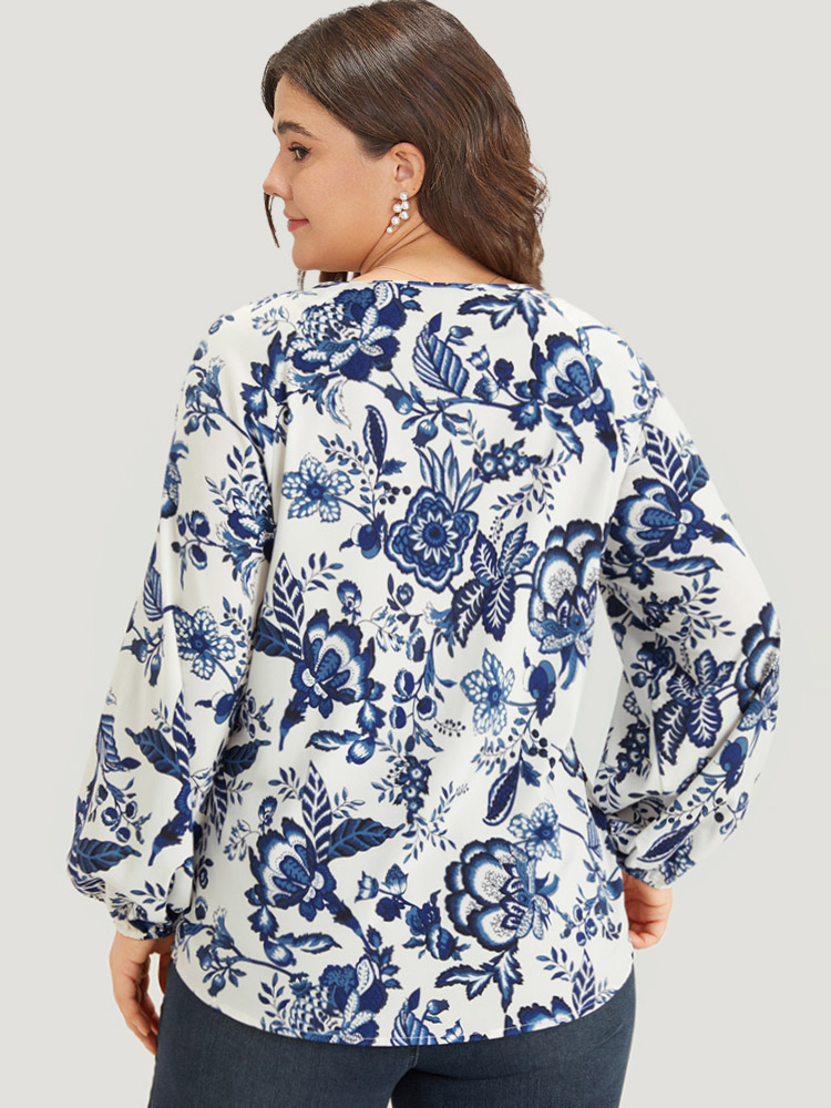 Plus Size Women Dailywear Bohemian Print Elastic cuffs Lantern Sleeve Long Sleeve Tie Neck Vacation Blouses BloomChic 