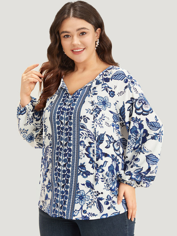 Plus Size Women Dailywear Bohemian Print Elastic cuffs Lantern Sleeve Long Sleeve Tie Neck Vacation Blouses BloomChic 