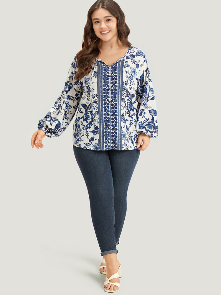 Plus Size Women Dailywear Bohemian Print Elastic cuffs Lantern Sleeve Long Sleeve Tie Neck Vacation Blouses BloomChic 