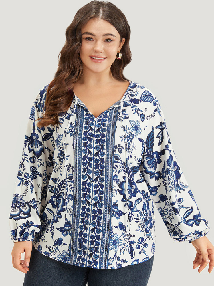 Plus Size Women Dailywear Bohemian Print Elastic cuffs Lantern Sleeve Long Sleeve Tie Neck Vacation Blouses BloomChic 