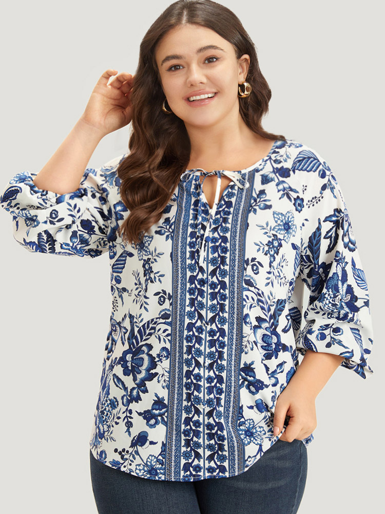 Plus Size Women Dailywear Bohemian Print Elastic cuffs Lantern Sleeve Long Sleeve Tie Neck Vacation Blouses BloomChic 