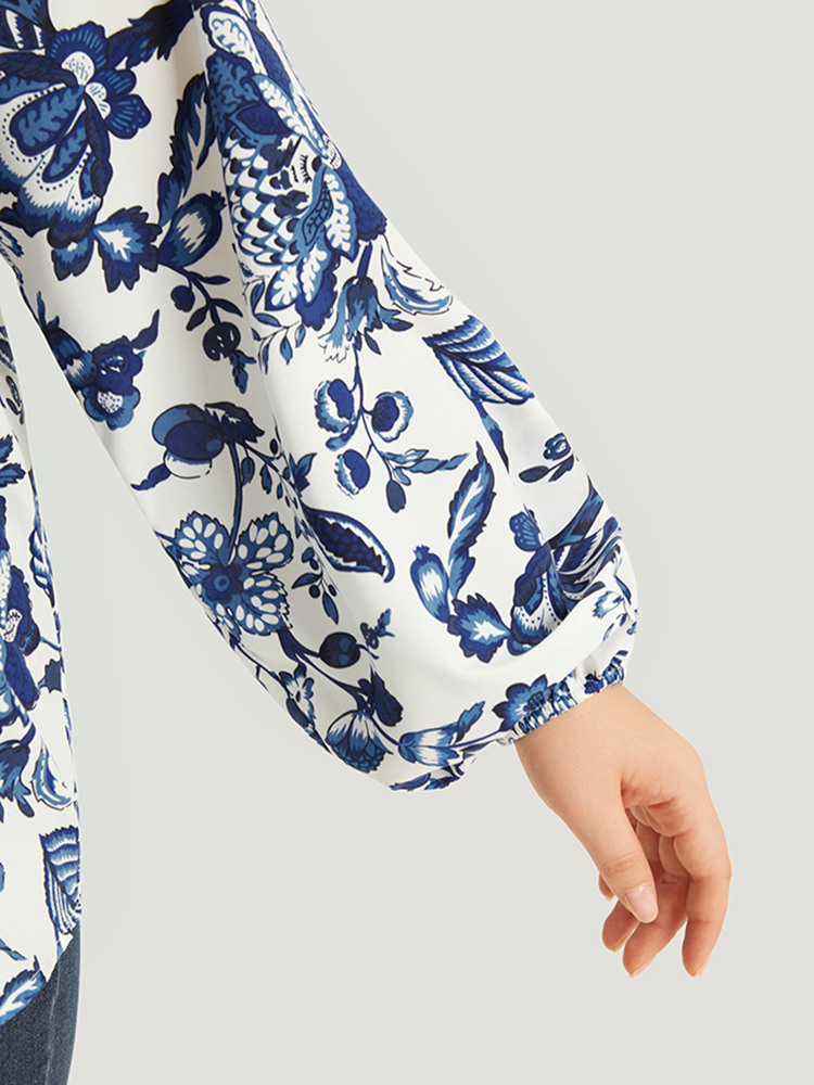 Plus Size Women Dailywear Bohemian Print Elastic cuffs Lantern Sleeve Long Sleeve Tie Neck Vacation Blouses BloomChic 
