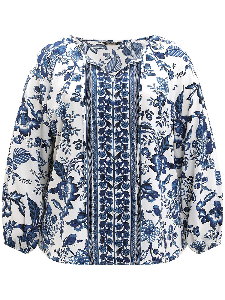 Plus Size Women Dailywear Bohemian Print Elastic cuffs Lantern Sleeve Long Sleeve Tie Neck Vacation Blouses BloomChic 