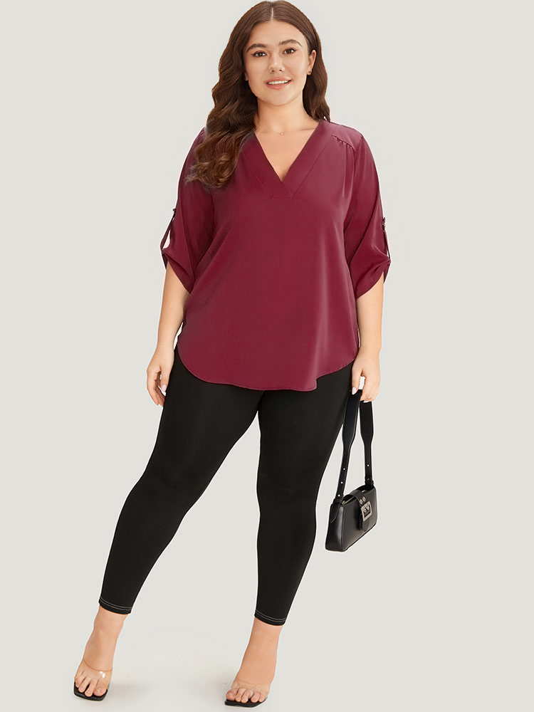 

Plus Size Scarlet Solid Cuffed Sleeve Gathered Curved Hem Blouse Women Office Elbow-length sleeve V-neck Work Blouses BloomChic