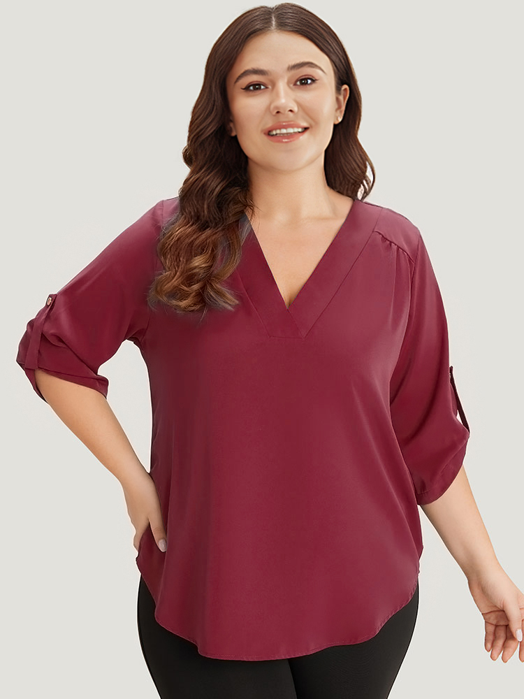 

Plus Size Scarlet Solid Cuffed Sleeve Gathered Curved Hem Blouse Women Office Elbow-length sleeve V-neck Work Blouses BloomChic