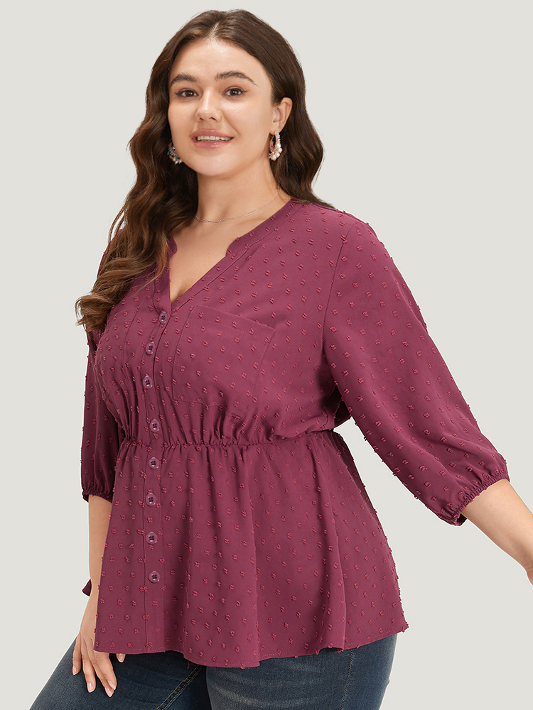 

Plus Size Purple Plain Notched Button Through Lantern Sleeve Blouse Women Office Elbow-length sleeve Notched collar Work Blouses BloomChic