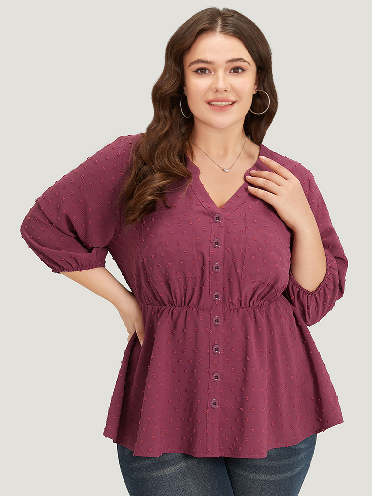 Plus Size Women Work Plain Texture Lantern Sleeve Elbow-length sleeve Notched collar Office Blouses BloomChic 
