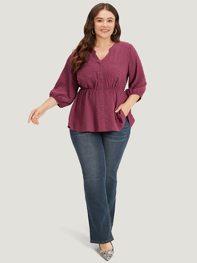 Plus Size Women Work Plain Texture Lantern Sleeve Elbow-length sleeve Notched collar Office Blouses BloomChic 
