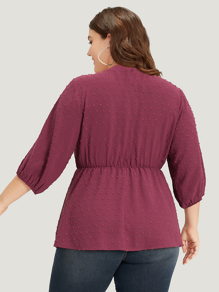 Plus Size Women Work Plain Texture Lantern Sleeve Elbow-length sleeve Notched collar Office Blouses BloomChic 