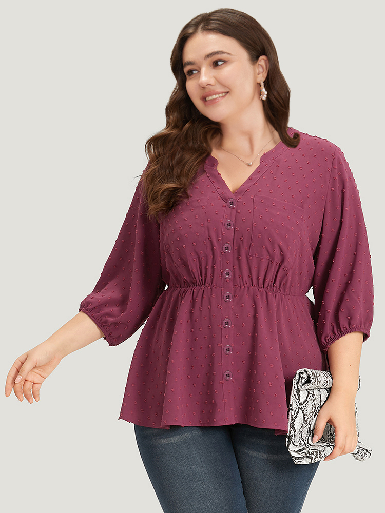 Plus Size Women Work Plain Texture Lantern Sleeve Elbow-length sleeve Notched collar Office Blouses BloomChic 