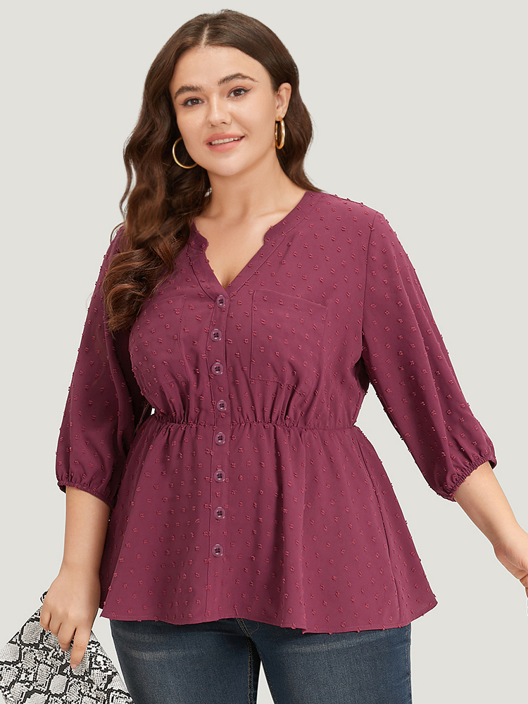 Plus Size Women Work Plain Texture Lantern Sleeve Elbow-length sleeve Notched collar Office Blouses BloomChic 