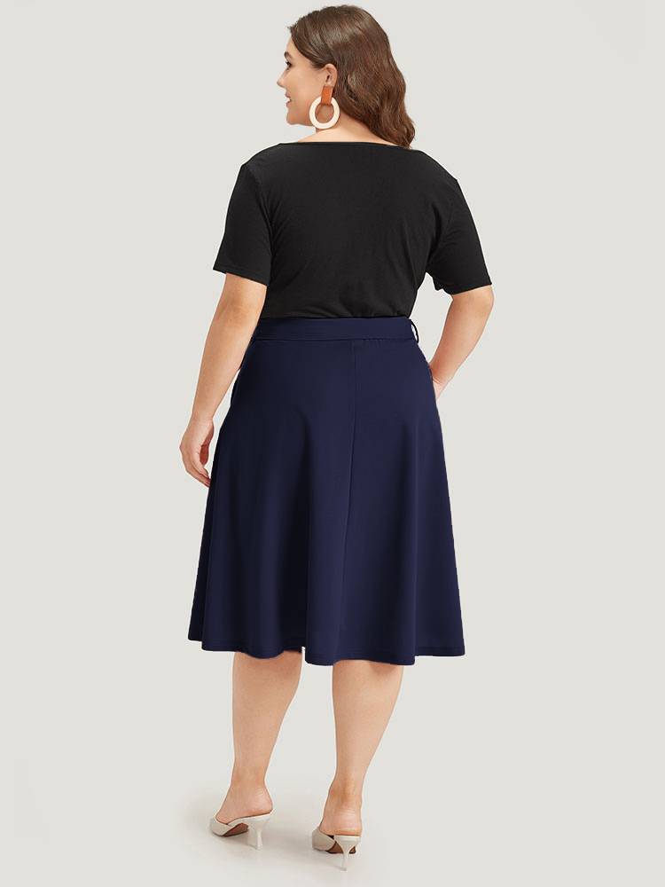 

Plus Size Supersoft Essentials Two Tone Pocket Patchwork Belted Dress Navy Women Office Plain V-neck Short sleeve Curvy Midi Dress BloomChic