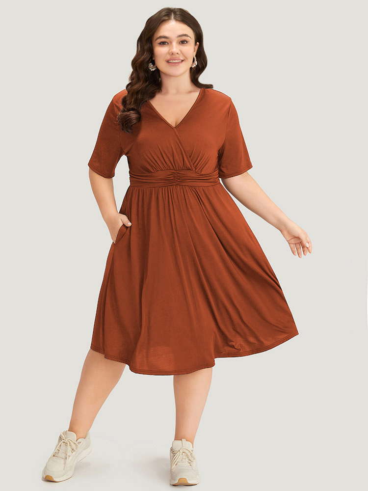 Plus Size Supersoft Essentials Solid Surplice Neck Ruched Front Dress Rust Women Casual Wrap V-neck Short sleeve Curvy Midi Dress BloomChic 18-20/2X 