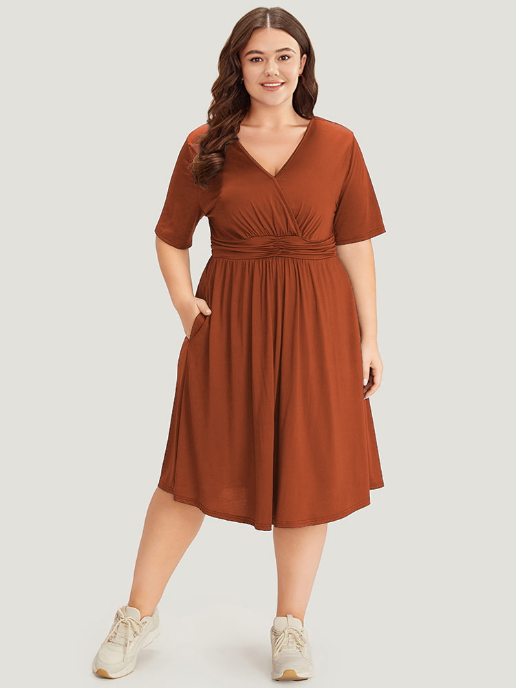 Plus Size Supersoft Essentials Solid Surplice Neck Ruched Front Dress Rust Women Casual Wrap V-neck Short sleeve Curvy Midi Dress BloomChic 18-20/2X 