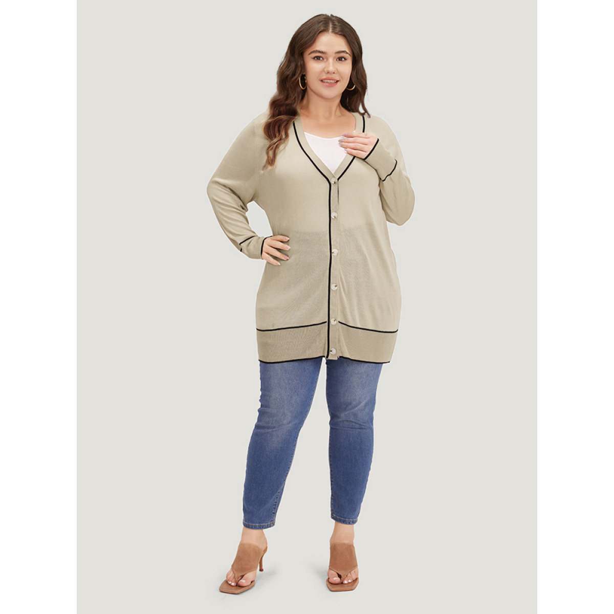 

Plus Size Supersoft Essentials Contrast Trim Button Through Elastic Cuffs Cardigan Champagne Women Casual Loose Long Sleeve Dailywear Cardigans BloomChic