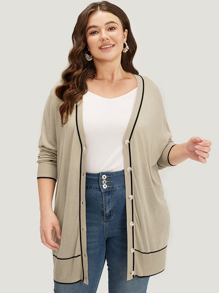 Contrast Trim Button Through Elastic Cuffs Cardigan BloomChic 