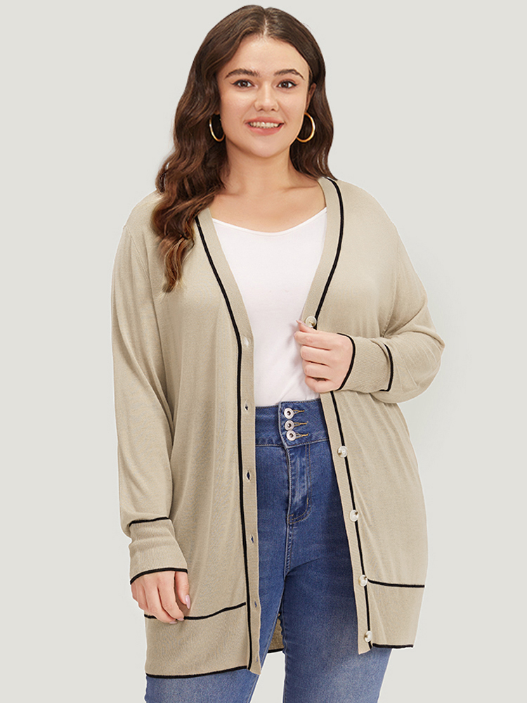 Contrast Trim Button Through Elastic Cuffs Cardigan BloomChic 