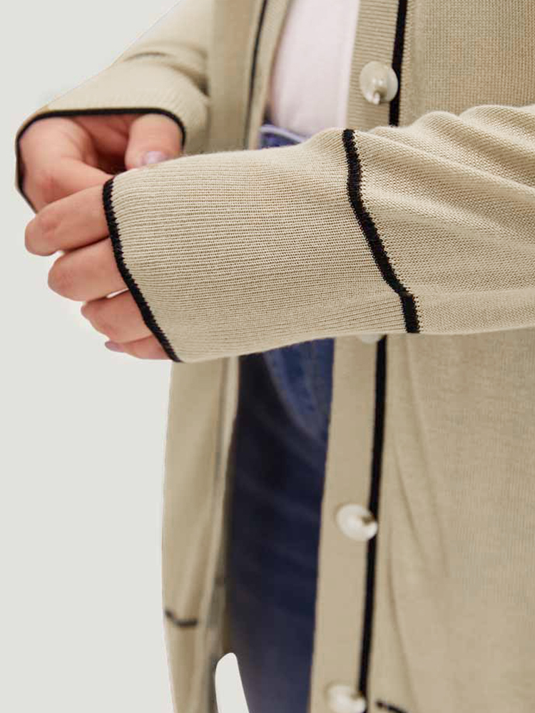 Contrast Trim Button Through Elastic Cuffs Cardigan BloomChic 